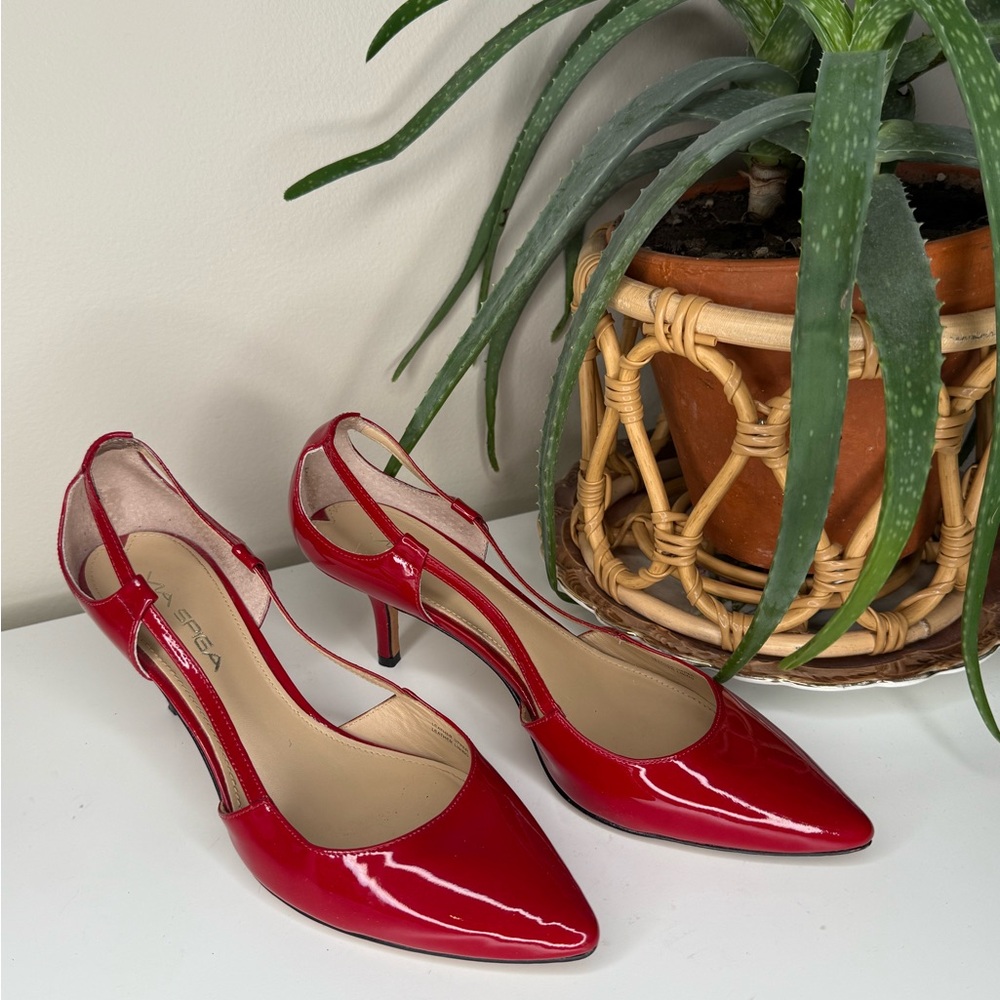 Via Spiga Red Patent Leather Slingback Kitten Heels Pointed Toe Pumps 7.5 - Picture 2 of 12